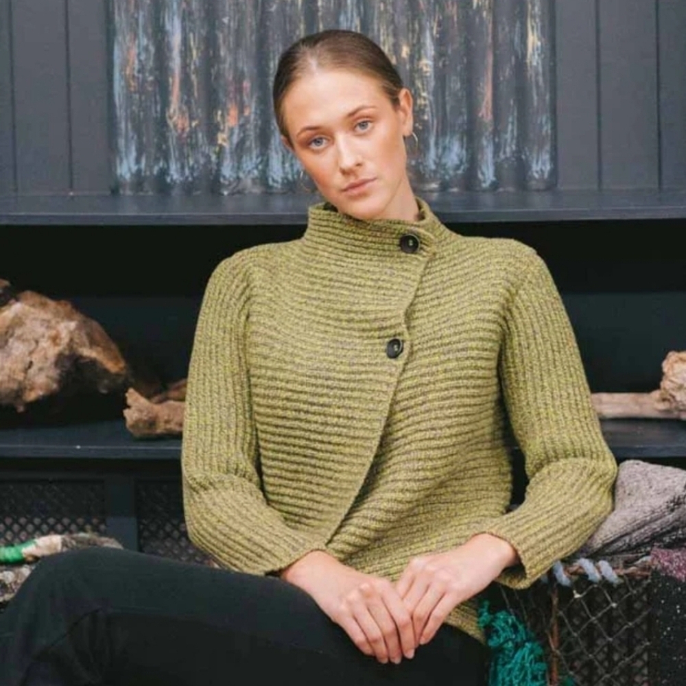 Fisherman Out of Ireland Merino Wool & Cashmere Blend Ribbed Cardigan Green S